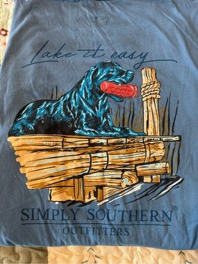 Simply Southern Blue Lake Dog Tee with Tan Dock and Red Toy